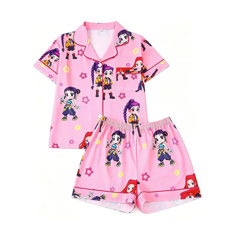 Kids K-Pop Cartoon Pajama Set Rumi Mira Zoe Korean Girl Print Lapel Top+Shorts 2pc Outfit Sleepwear Pyjamas Home Wear