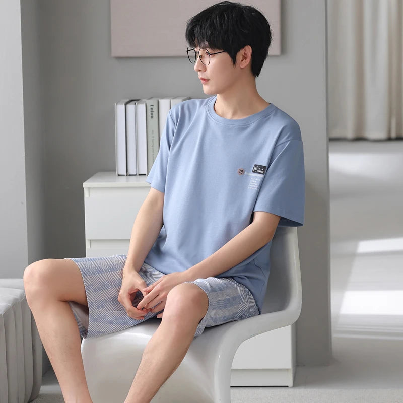 MiiOW 2Pcs Men's Pajamas Set Summer O-neck Mens Short Sleeve Homewear Big SIze L-3XL Man Sleepwear Cotton Breathable Men Pajamas