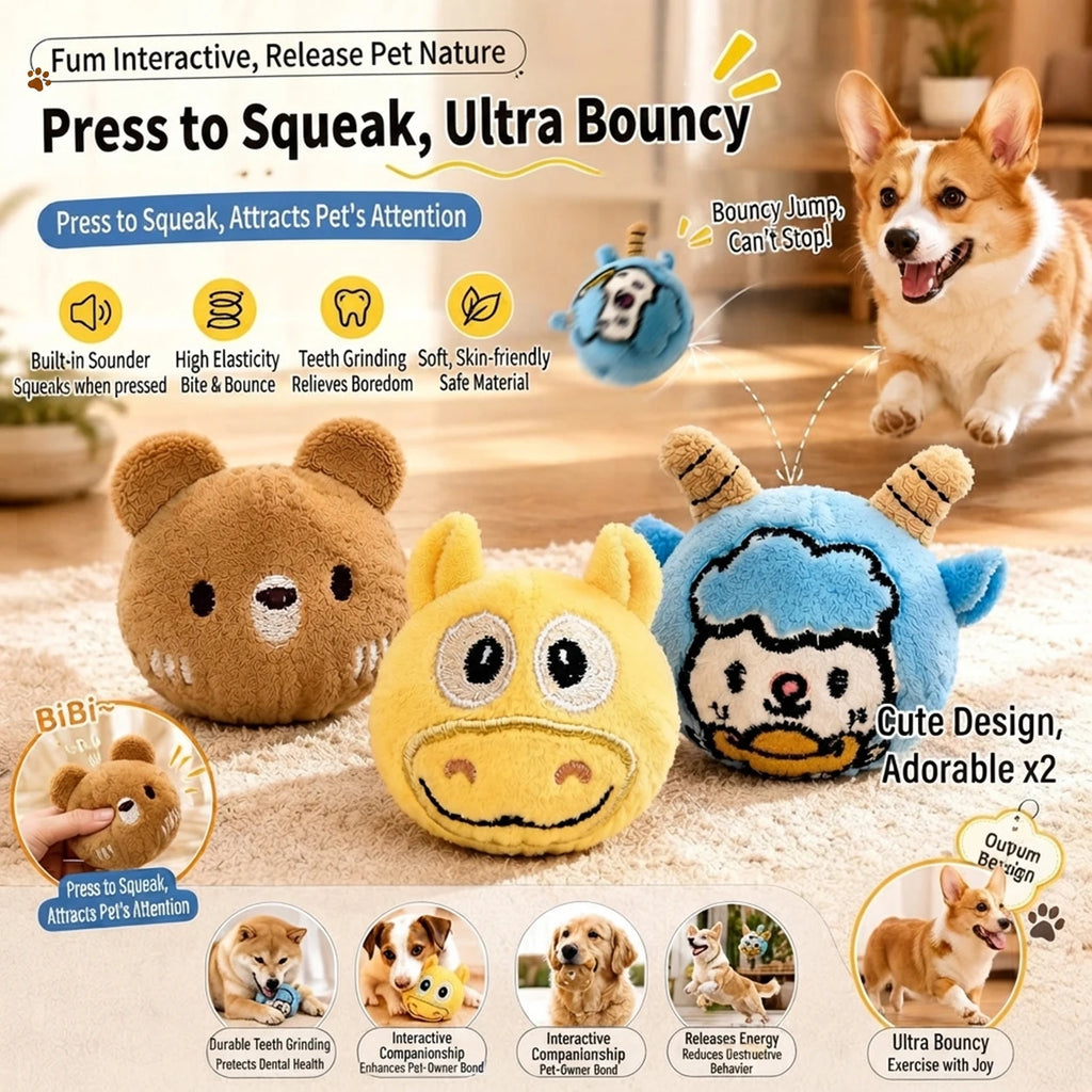 Cute Cartoon Plush Bouncy Ball Pet Toy Interactive Chew Toy for Dogs & Cats Ideal for Indoor Play of Small and Medium Pets