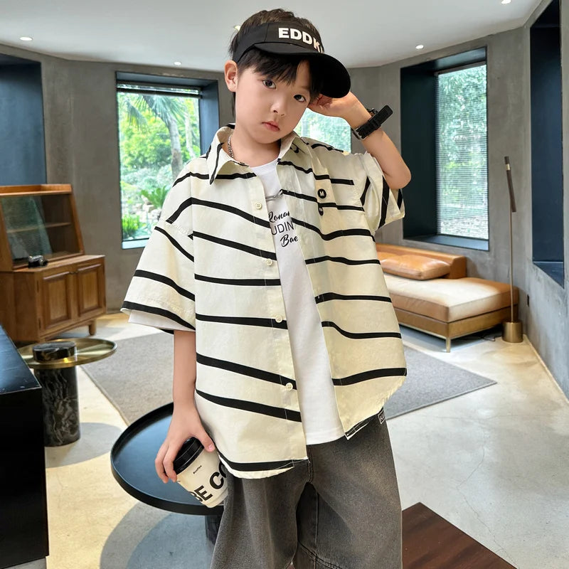 New Kids Designer Asymmetrical Striped Shirts For Boys Summer Short Sleeve Cotton Blouse Top Kids Outfits Teenage Clothes 5-14Y