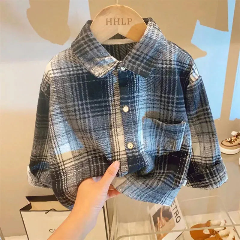2025 New Autumn Kid's Shirts Boys Vintage Plaid Long Sleeve Shirt Girls Casual Turn Down Collar Blouse Children's Base Tops