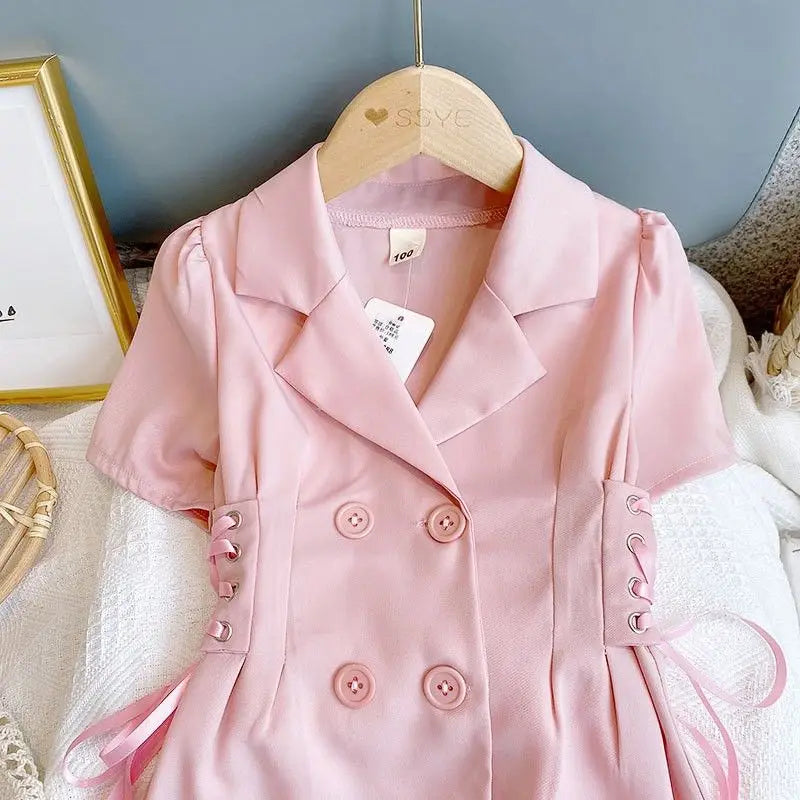 Kids Girl Pink Suit Dress 2025 New Arrival Children Summer Slim Fit Shirt Dresses Princess White Thin Chiffon Dress Korean Style