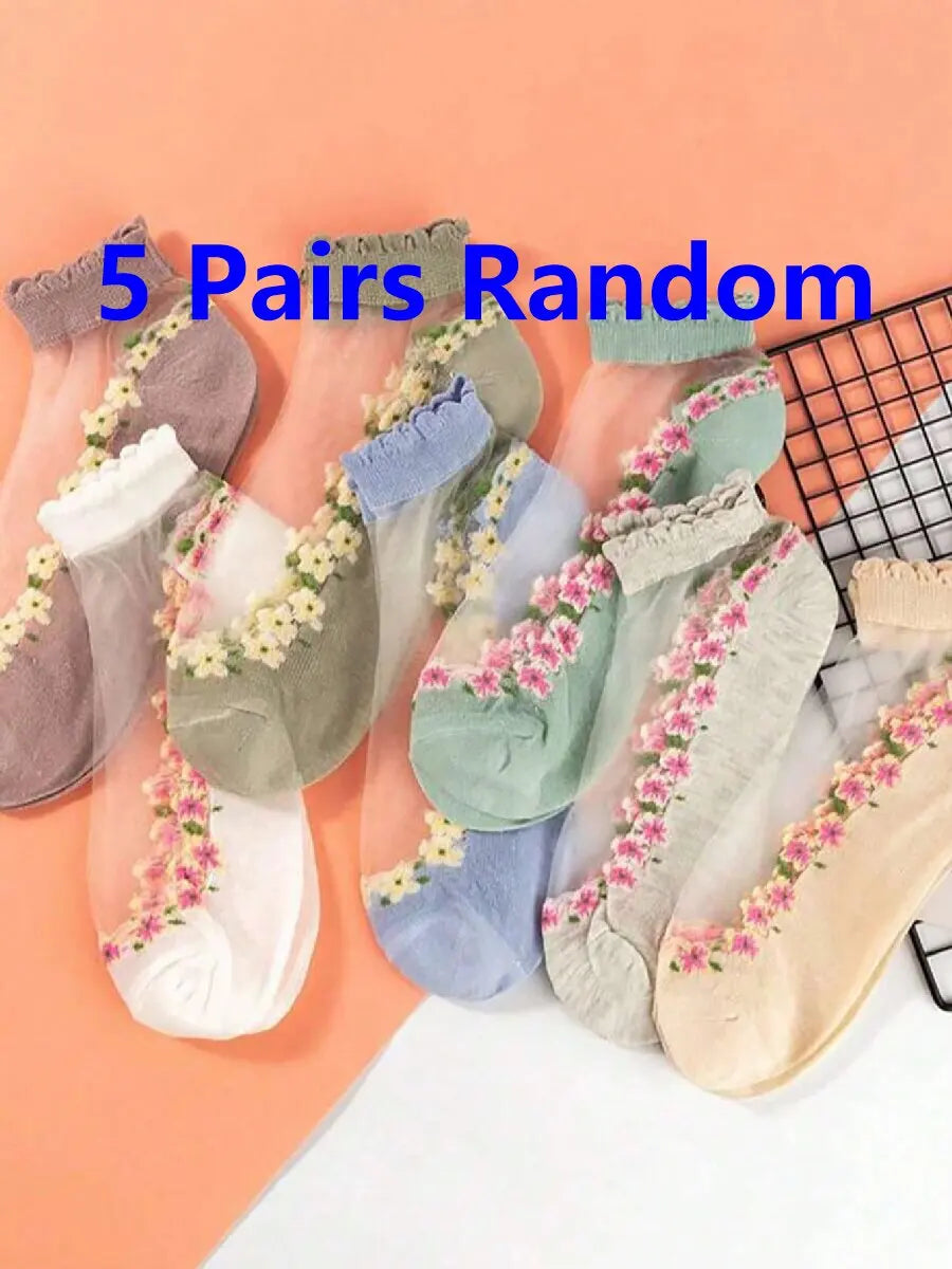 5 Pairs White Women Floral Patterned Sheer Socks, Breathable Thin Moisture Wicking, Suitable For Summer