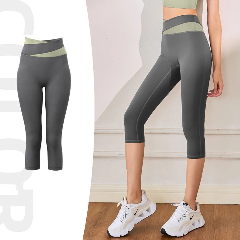 Women Sport Leggings High Waist Cropped Yoga Pants Running Capris Patchwork Color Crossover Gym Workout Tights Slim Sportswear