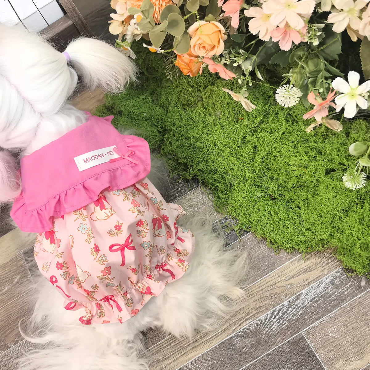 Lovely Puppy Dog Cats Clothing Fashion Floral Print Pink Cotton Princess Dress for Small Medium Dog Schnauzer Poodle Pet Clothes