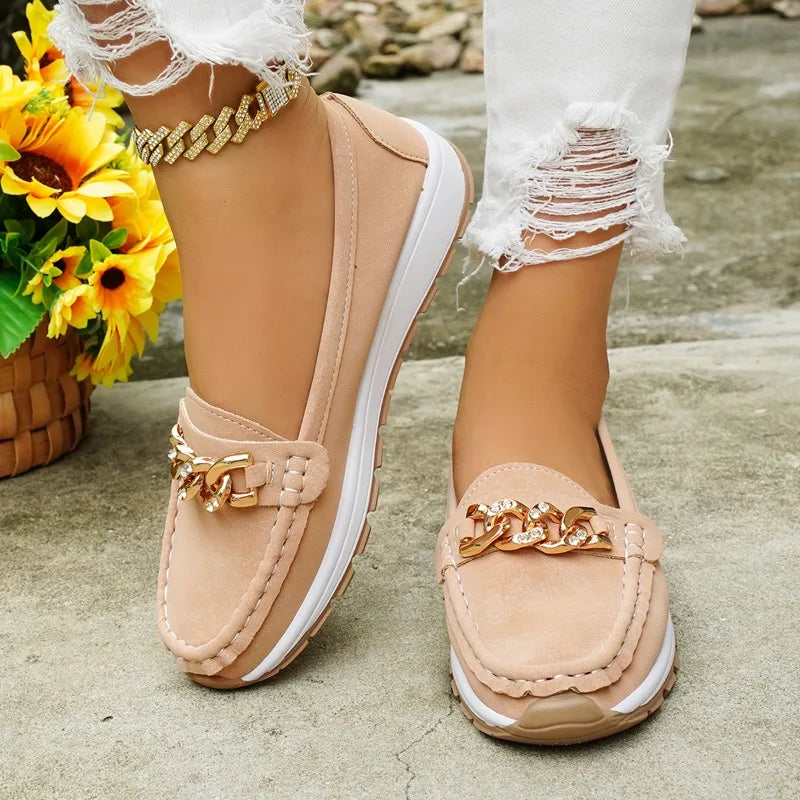 Women Flats 2026 Spring Autumn New Loafers Fashion Metal Decor Round Head Casual Shoes Female Daily Comfort Soft Soled Sneakers