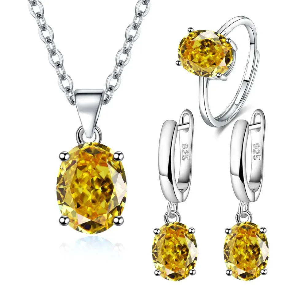 S925 Sterling Silver Jewelry Sets For Women Ellipse Zircon Ring Necklace Earrings Luxury Accessories