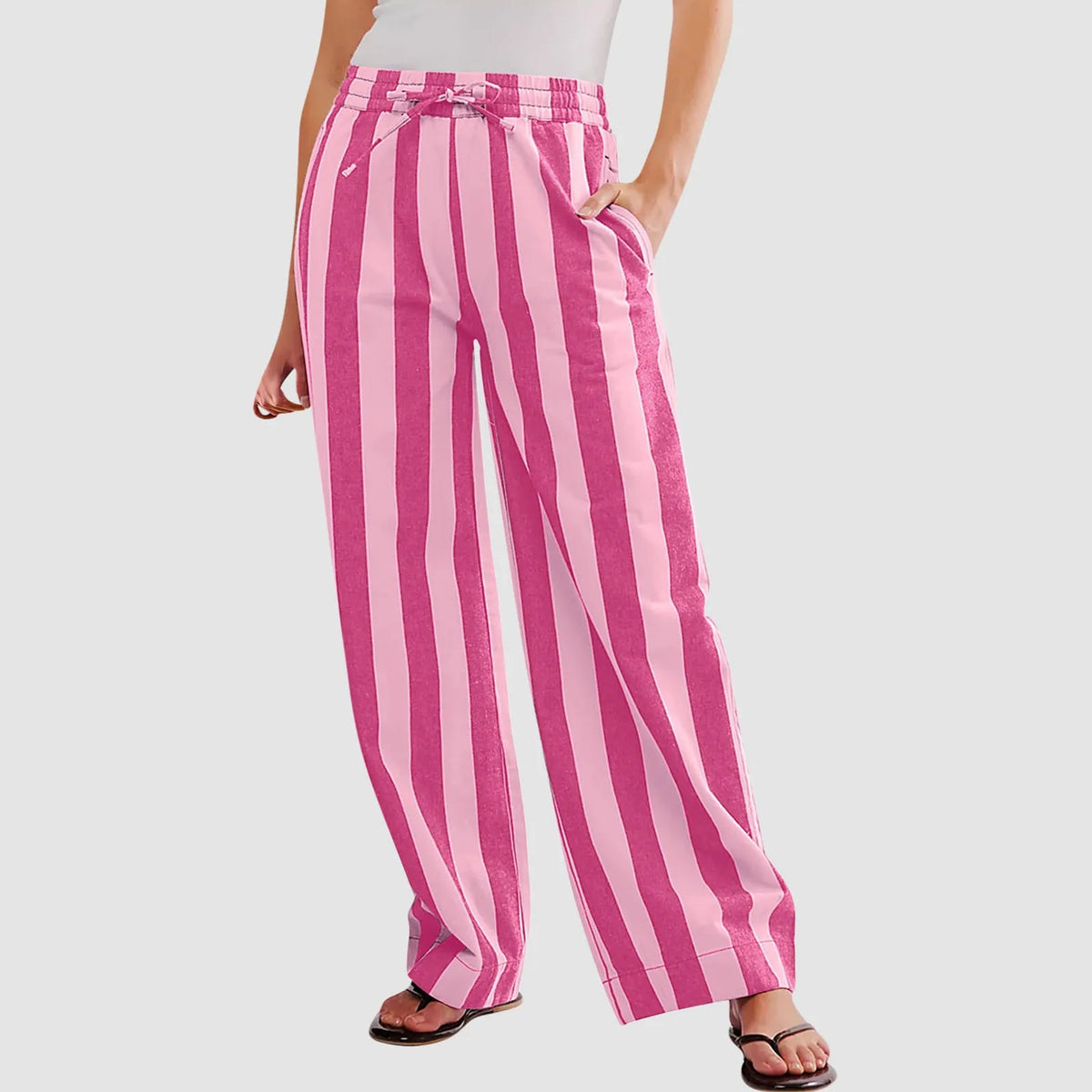Women Casual Baggy Trousers Striped Color Blocking High Waist Wide Leg Pants Pockets Summer Lightweight Palazzo Pajama Bottom