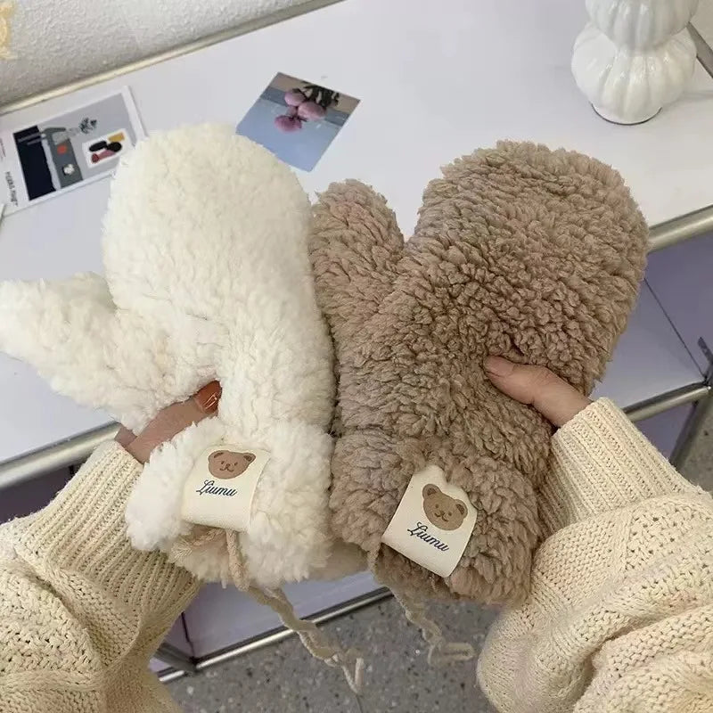 Women's Gloves Korean Kawaii Cute Sweet Preppy Style Funny Verstaile Thicked Funny Plush Warm Windproof Mittens For Girl Gift