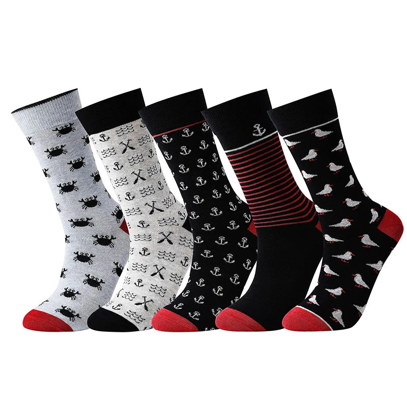 5 Pairs Men's Socks Cotton Business New Fashion Funny Sock With Print Animals Cartoon Middle Sock Male Casual Dresses Clothing