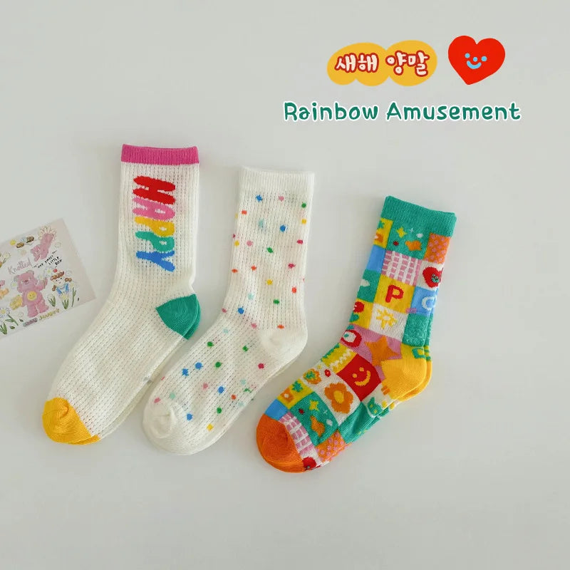 1-12Y Children Socks Summer Socks Kids Boys Girls Rainbow Color Cute Trendy Socks Ventilation 3 Pairs/bag