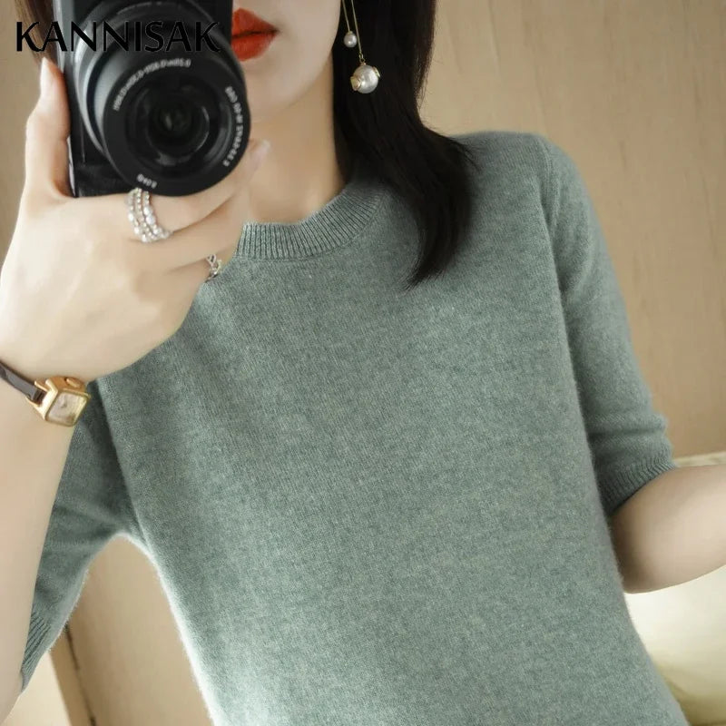 2025 Spring Summer Womens Sweater Short Sleeve O-neck Slim Fit Knitted Pullovers Bottoming Casual Knitwear Camel Pink Clothes