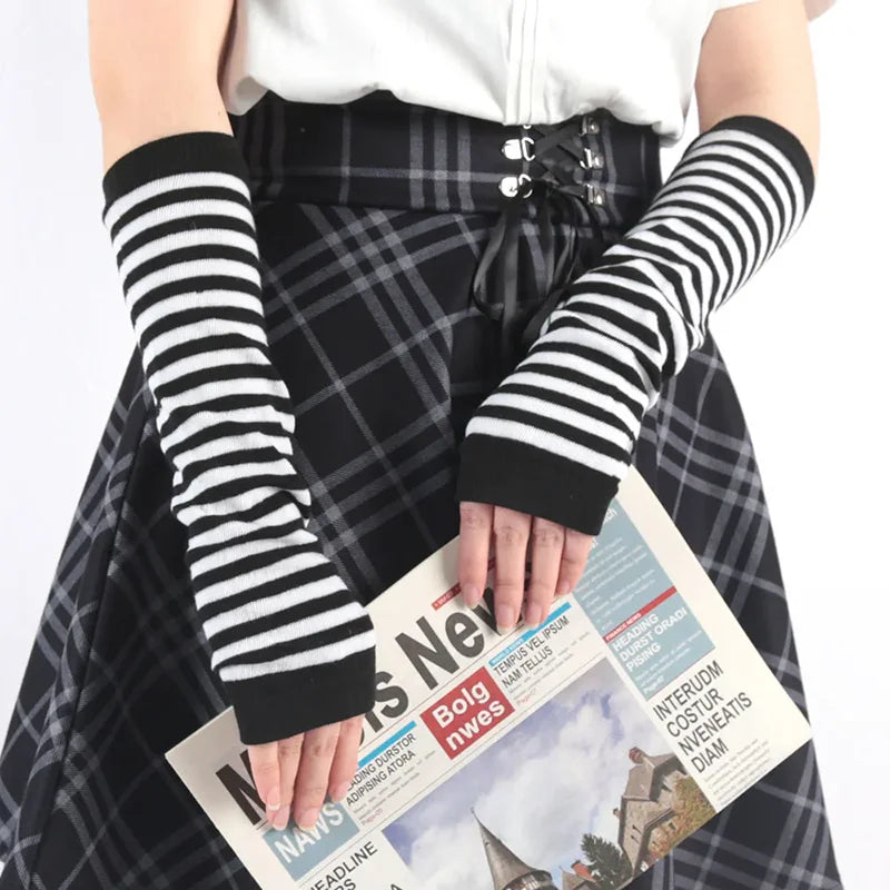 Women's Winter Knitted Gloves Girls' Cotton Fingerless Long Bracelet Arm Warmth Long Sleeve Striped Elbow Protection