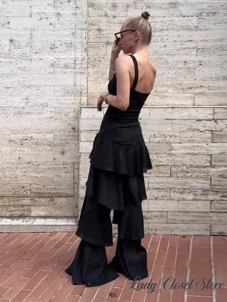 Women Black Tiered Ruffle Pants High Waist Wide Leg Long Trousers 2026 Summer Lady fashion Casual Vacation Streetwear New
