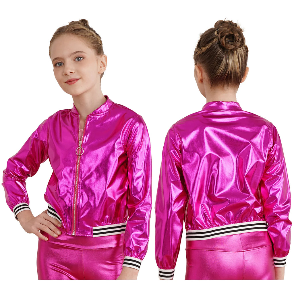 Kids Girls Long Sleeve Casual Sports Bomber Jackets Jazz Hip-hop Street Dance Costume Boys Shiny Metallic Baseball Outwear Coats