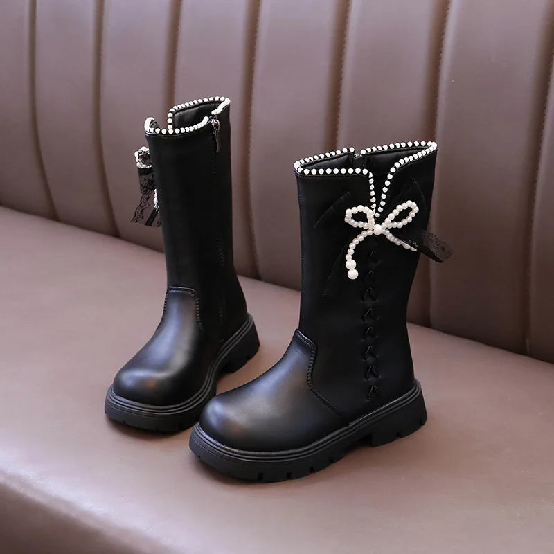Girls Fashion Padded High Boots 3-18 Years Old Beige Bow Children's Cotton Shoes Versatile Non-slip Girls Short Leather Boots