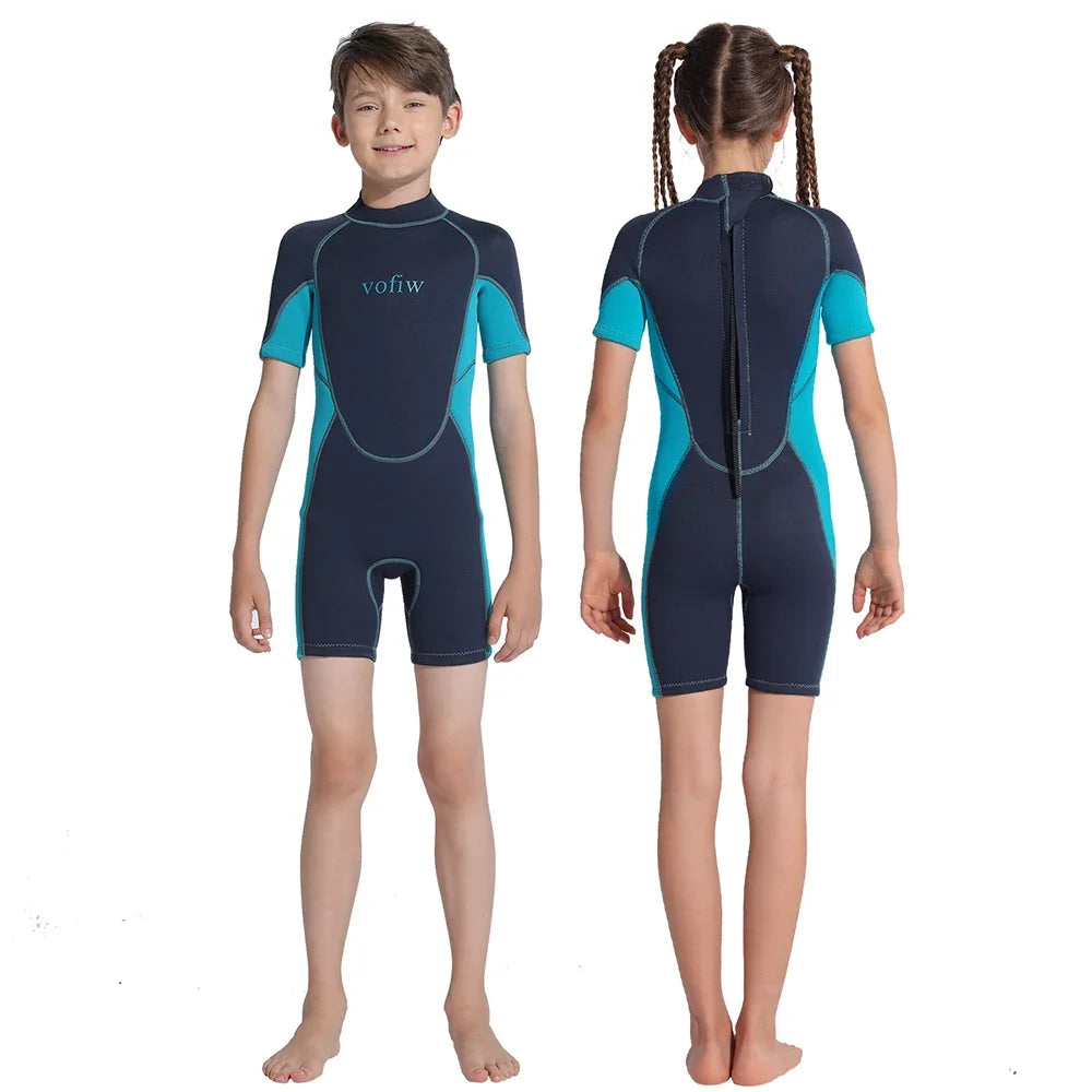 Children's 3MM Neoprene Shorty Wetsuit Back Zipper Surfing Snorkeling Swimming Suit Short Sleeves Boys Girls Kids Swimwear