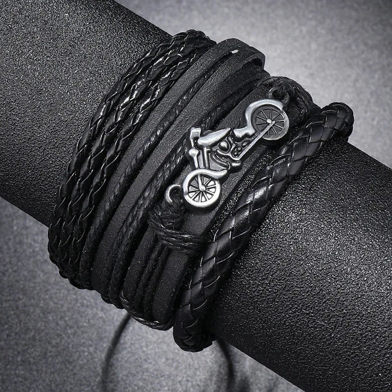 Fashion Bracelet For Men Hand Bangles Woven Alloy Motorcycle Hand Jewelry Adjustable Leather 4Pcs/Set Bracelet For Leather