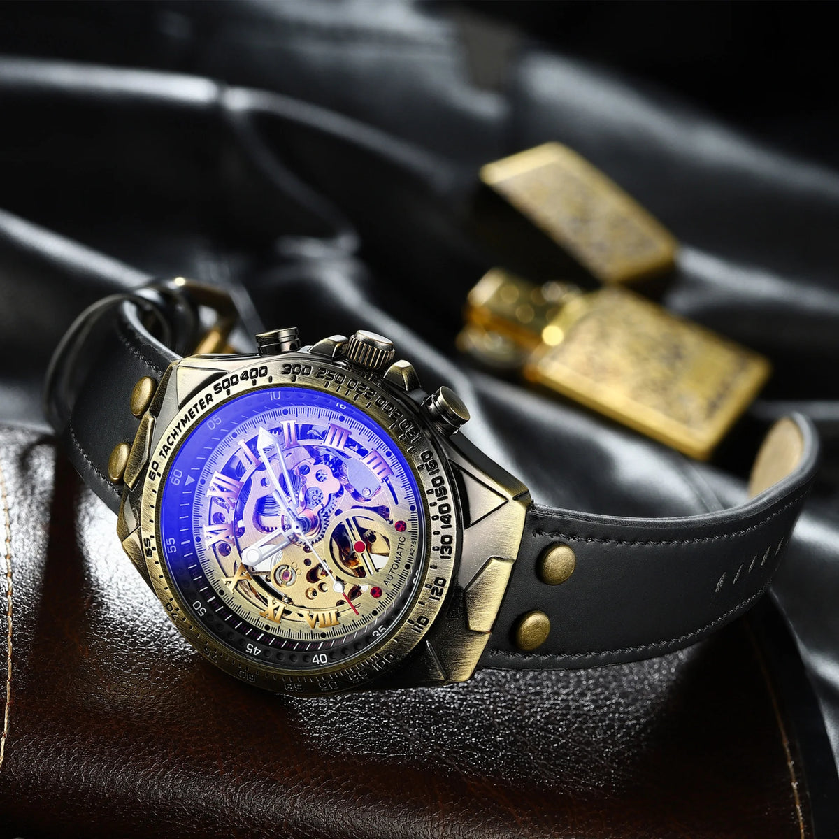 Men Automatic Mechanical Watch  Alloy Case Hollow Dial  Strap   Business Luxury Self Winding Wristwatch Gift for Gentlemen Male