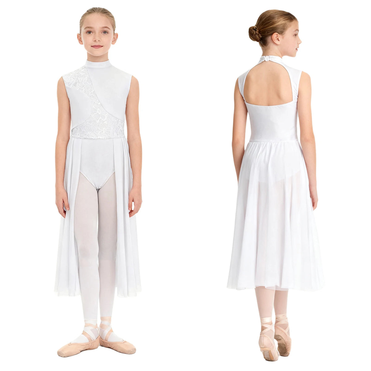 Kids Girls Floral Lace Patchwork Lyrical Ballet Dance Dresses Cutout Back Leotard Dress Dancewear Stage Performance Costume