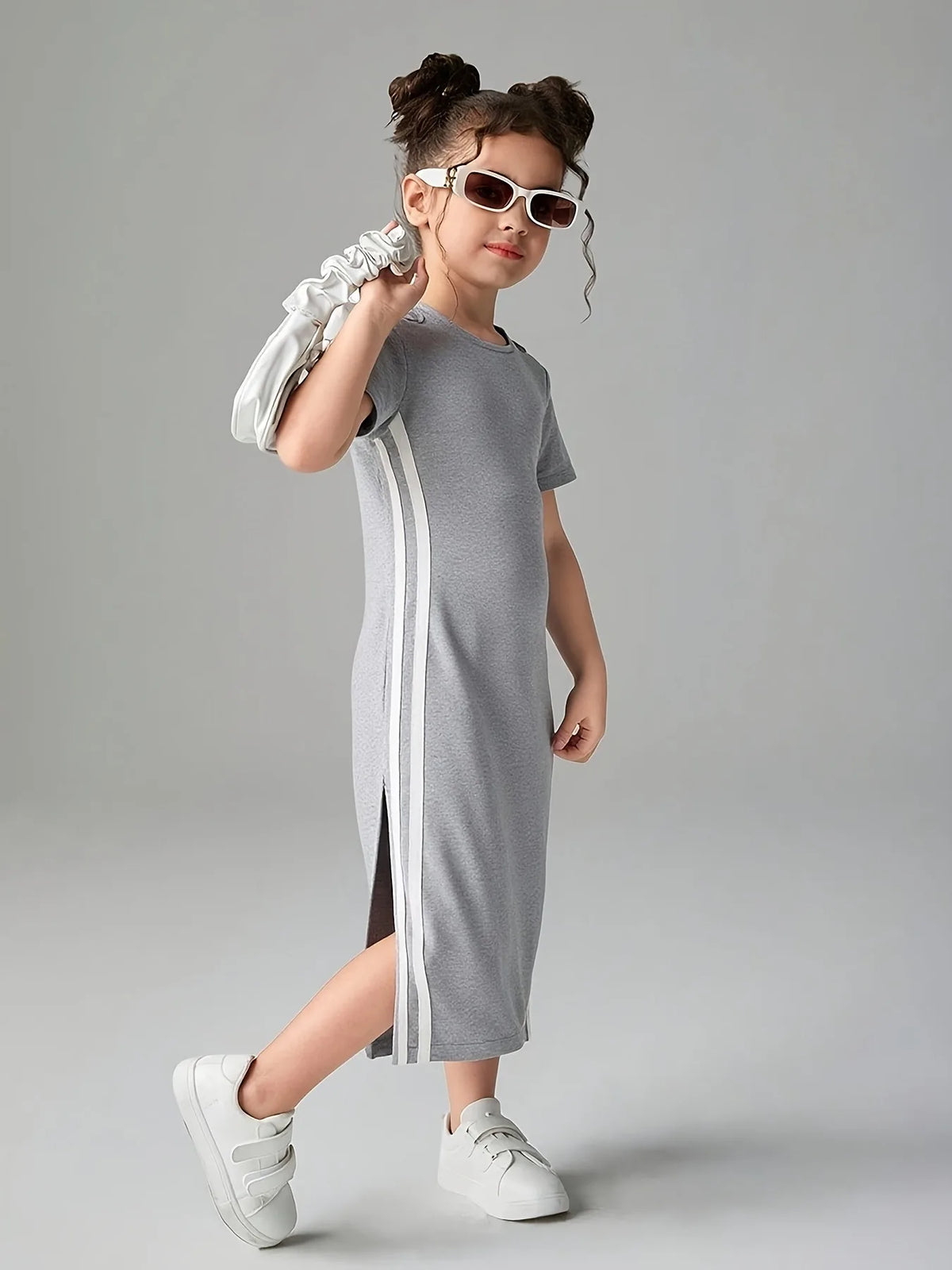 Comfy Kids Girls Casual Dress, Soft Breathable Short Sleeve Side Stripe Midi Dress for All-Day Wear