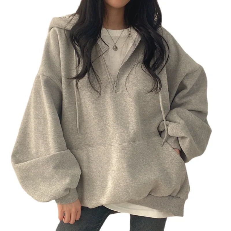 Women Hoodie Harajuku Loose Oversized Solid Color Top Half Zip Up Sweatshirt Female Casual Long Sleeve Pocket Hooded Coats 2025