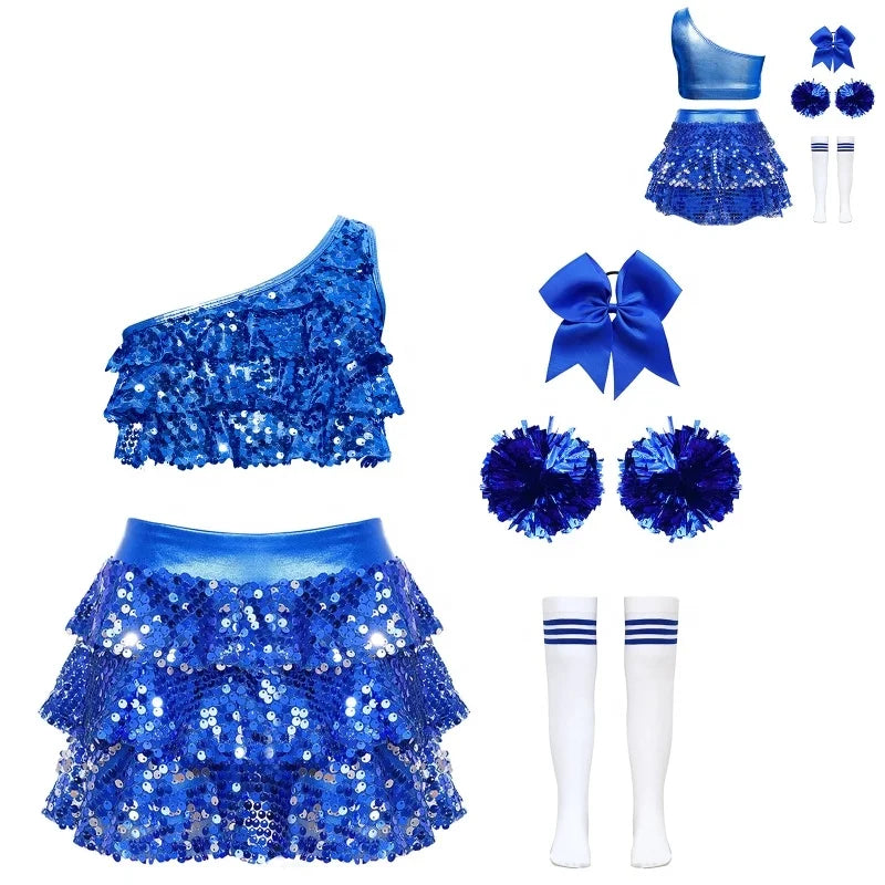 4-16 Kids Girls Cheerleading Performance Outfit Crop Top With Skirted Shorts Culottes Party Competition Dance Class Theme Party