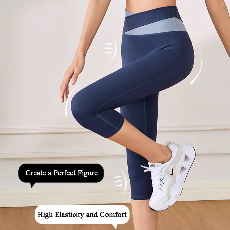 Women Sport Leggings High Waist Cropped Yoga Pants Running Capris Patchwork Color Crossover Gym Workout Tights Slim Sportswear