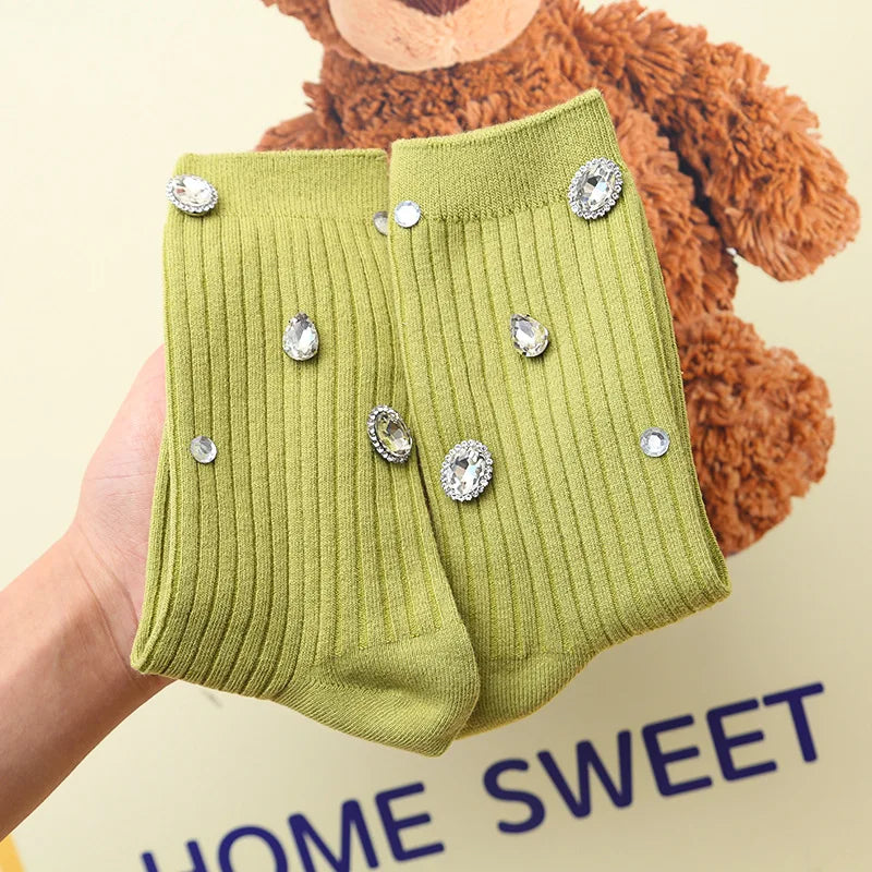 Women's Socks Korean Retro Cool Sweet Rhinestone Simple Versatile Shiny Comfortable High-quality Cotton Socks For Girl Wholesale