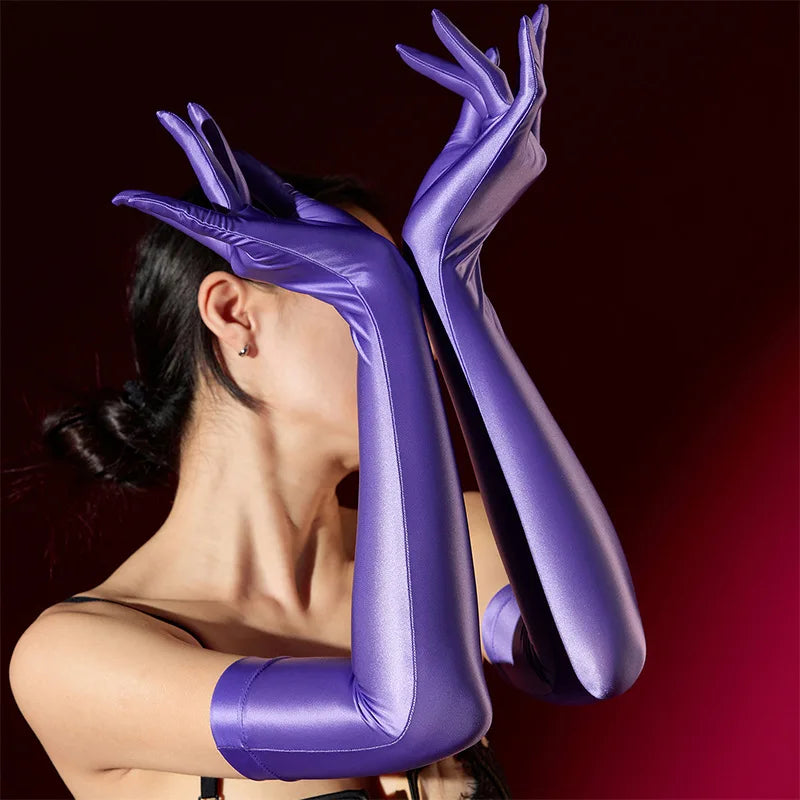 Women Sexy Gloves Oil Shiny Anti-Hook Five-Finger Elastic Silk Smooth High Density Elastic Summer Sunscreen Long Sleeves Cover