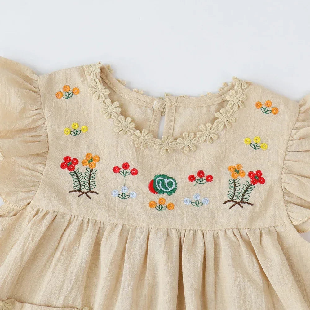 Kids Dresses for Girls Summer Khaki Embroidered Ruffle Edge Dress Sleeveless Lace Round Neck Pocket Dress Kids Clothes