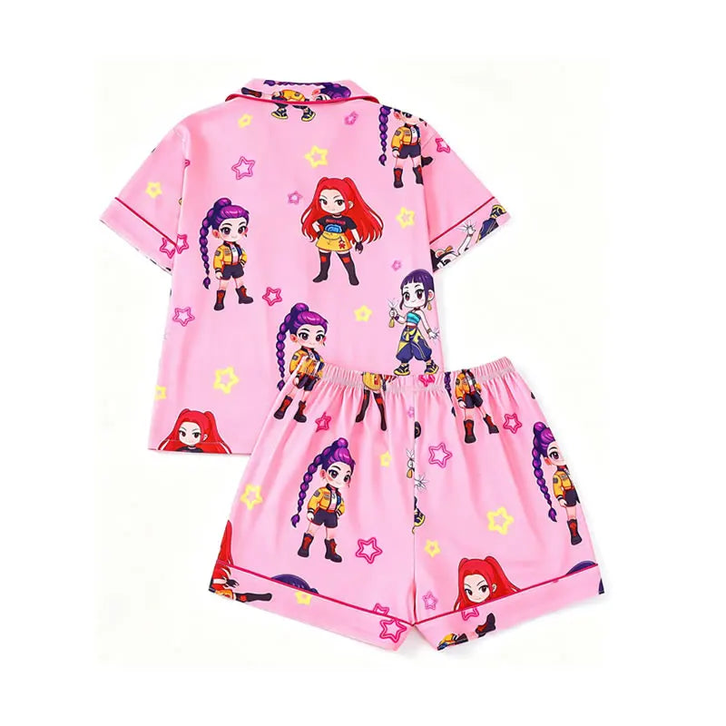 Kids K-Pop Cartoon Pajama Set Rumi Mira Zoe Korean Girl Print Lapel Top+Shorts 2pc Outfit Sleepwear Pyjamas Home Wear