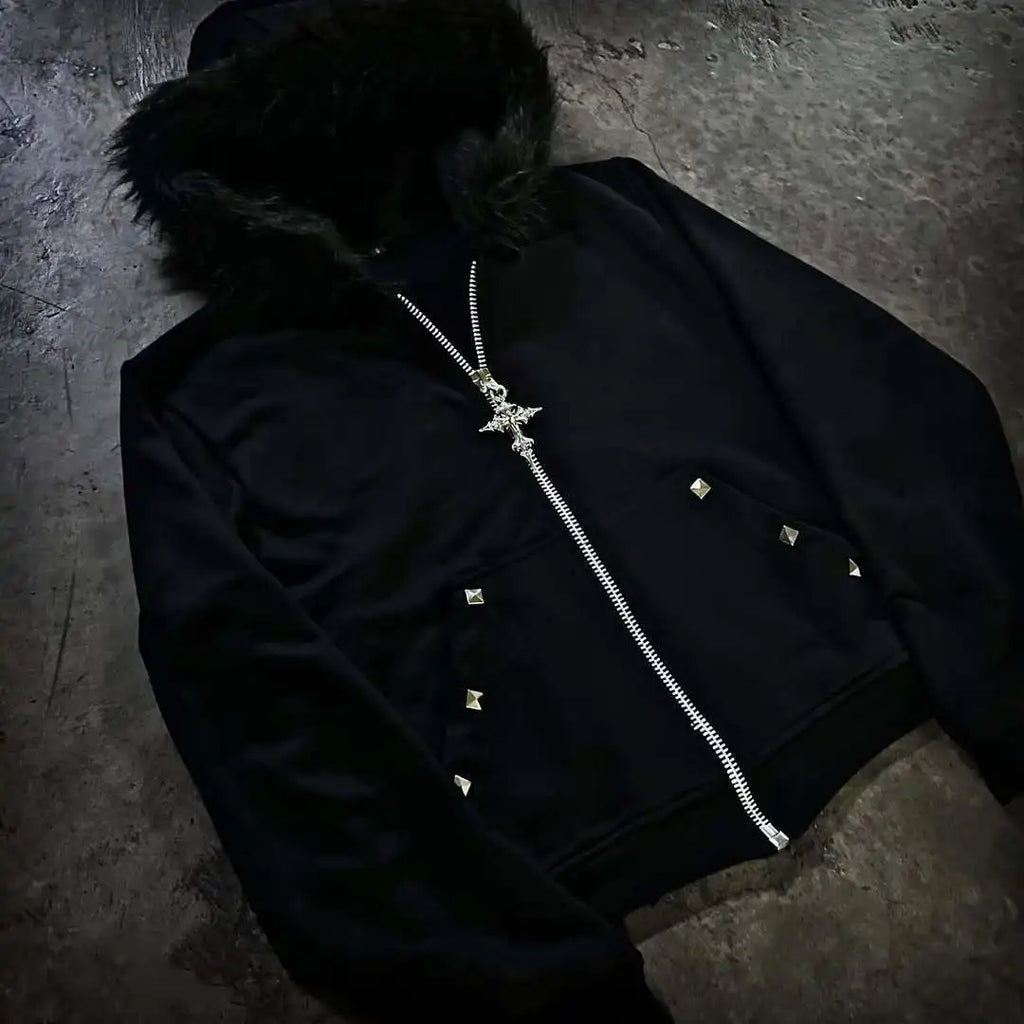 European Fluff Hat Sweater Pattern Long-Sleeved Hoodie Retro Coat Street Trend Dark Style Warm Coat for Women Y2K style