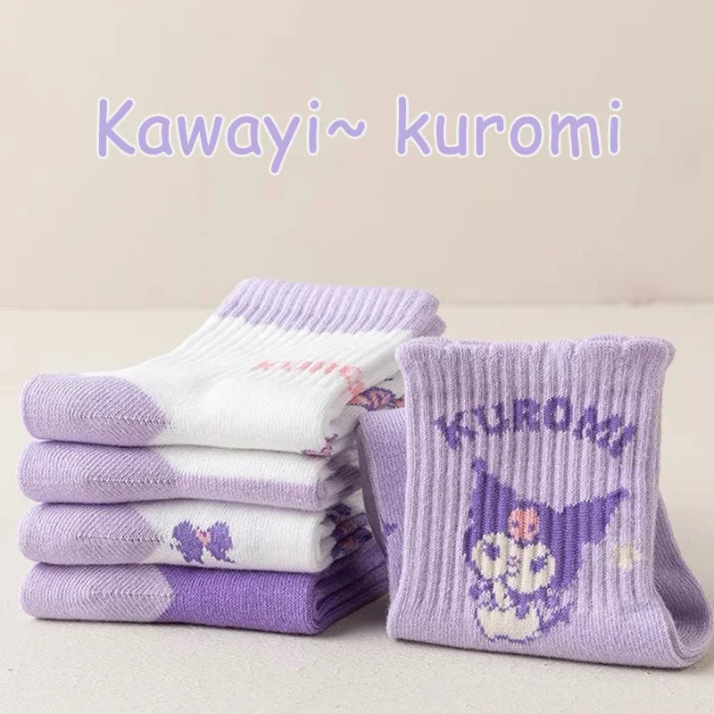 5 Pairs Kuromi Kids Socks Autumn Winter Cute Cartoon Crew Socks for Girls Kawaii Socks