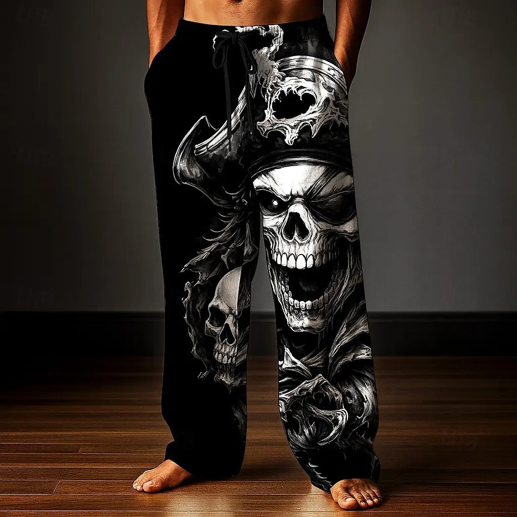 Men's Skull Skeleton Printed Trousers Baggy Pants Casual Pants Mid Waist Elastic Drawstring Waist Pants for Men Streetwear Fall