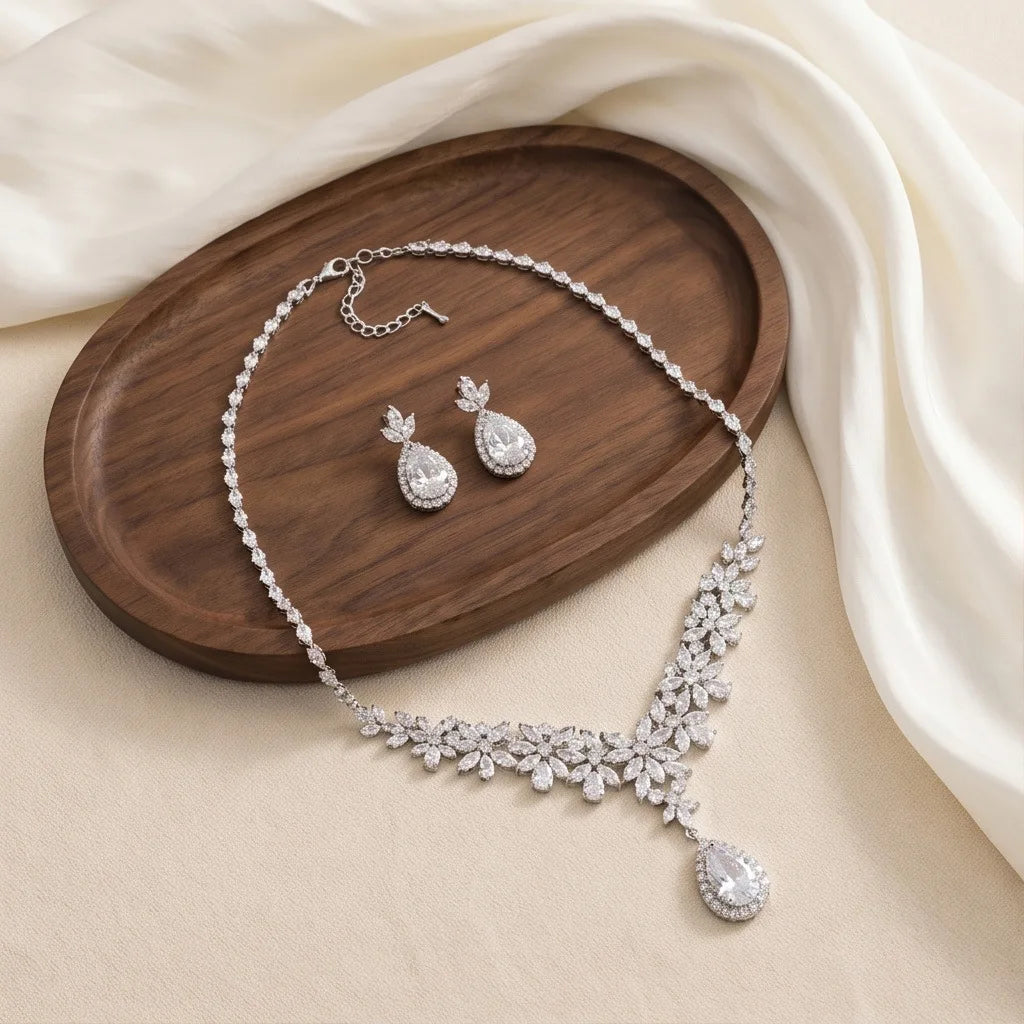 2 Pieces Jewelry Sets For Women Luxury Zirconia Bridal Necklace Earring Set Party Prom Wedding Bride Necklace set Accessories