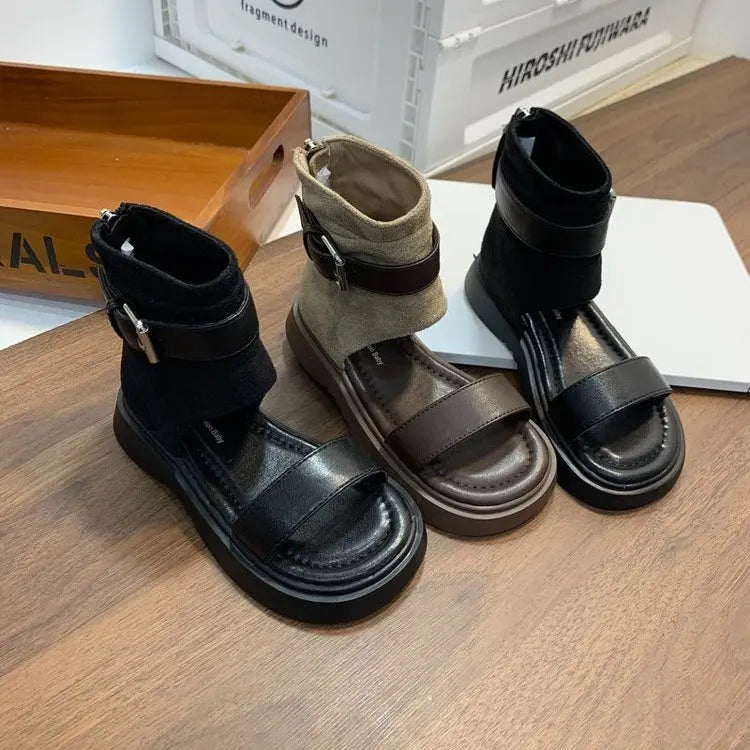 Kids Suede High Top Sandal Boots Single Buckle Back Zipper Thick Platform Sole For Summer Walking Outdoor Outings For Girls