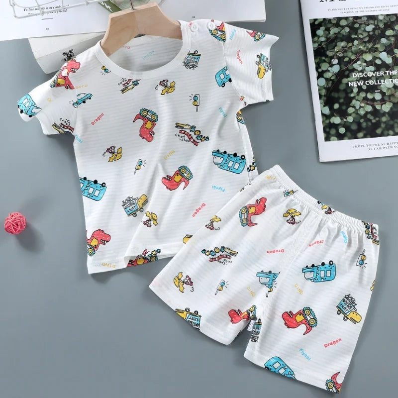 Pajama Cartoon T-Shirt+Shorts 2-Piece Clothing Set Kids Summer Baby Boys Girls Casual Tracksuit Clothes Suit 0-6 Years