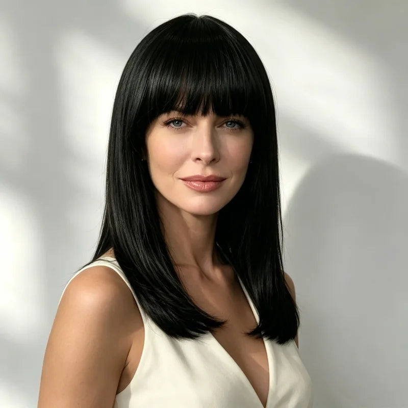 1pcs Women'S Wig With Bangs Medium Length Straight Hair Fashionable Outdoor Travel Simulation Head-Wearing Synthetic Wig