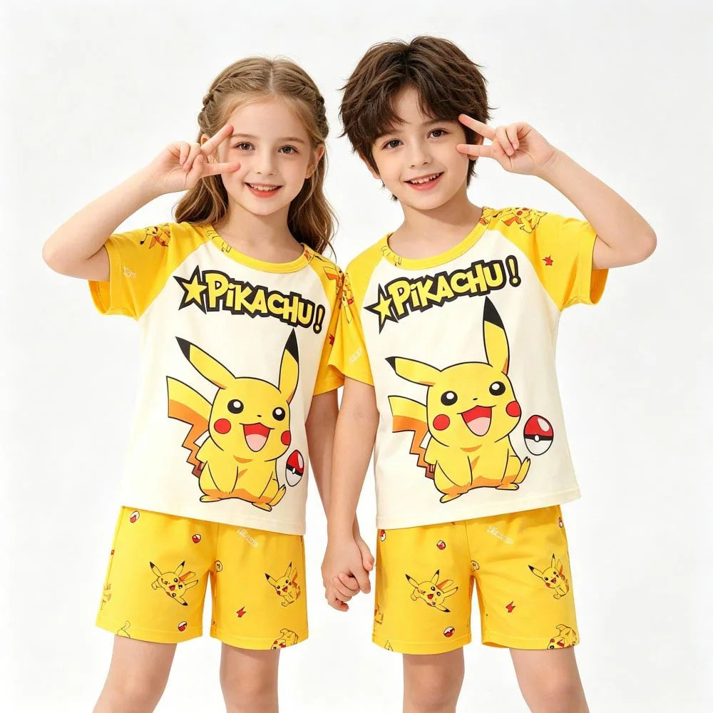 Boys and Girls Summer Short Sleeve Pikachu Pajamas Sets Kids Pyjamas Animal Cartoon Baby Homewear Nightwear for 2 to 14Years