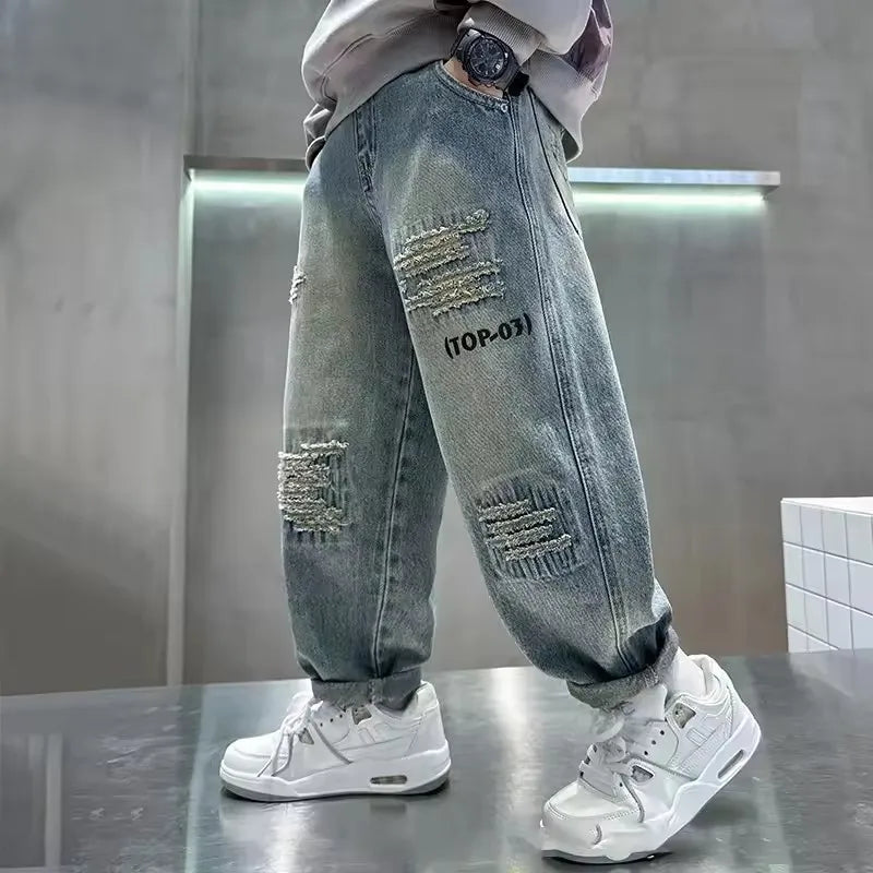 Boys Fashion Jeans Autumn Children Denim Loose Pants Teenager Spring Baggy Trousers New Kids Casual Handsome Clothing 4-12Y