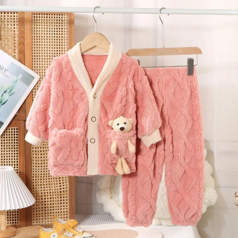 Boys and Girls Pajamas Pajamas Children's Fleece Thickened Coral Thermal Medium and Older Children's Loungewear Pajama Set