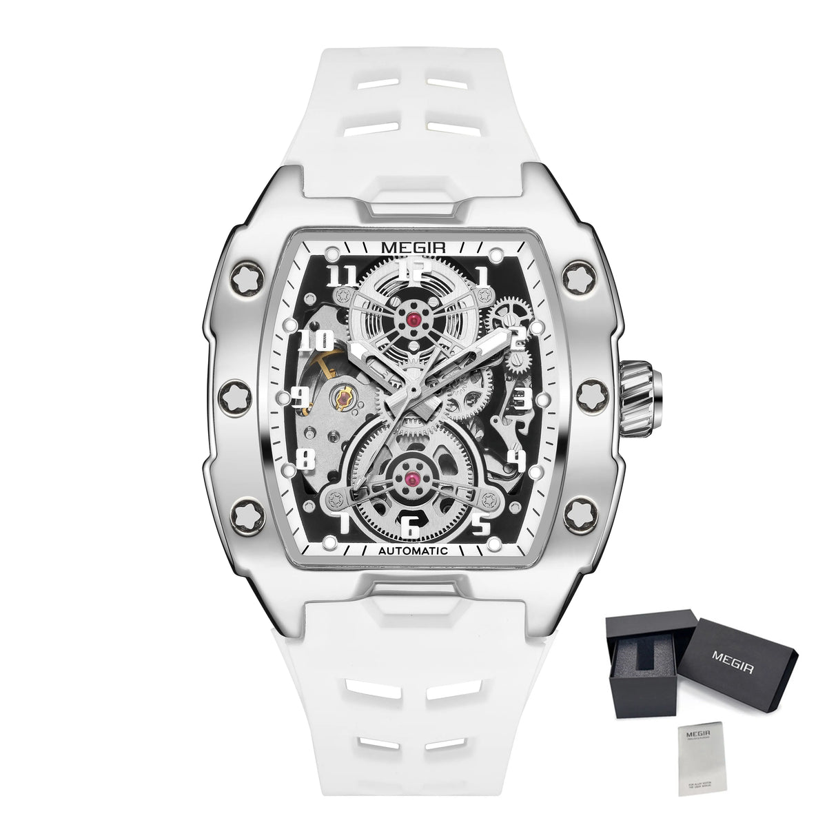 MEGIR Automatic Mechanical Watches for Men 43MM Tonneau Skeleton Dial Man Wristwatch Waterproof Luminous Male Clock Reloj Hombre