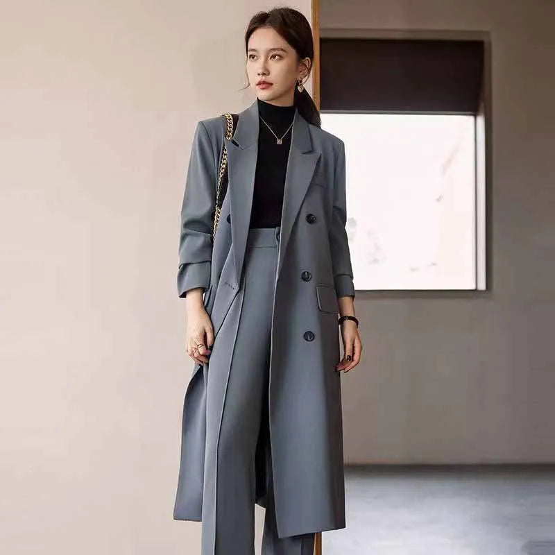 FANAN Elegant Long Trench Coat Women Korean Double Breasted Office Lady Blazer Jacket Fashion Streetwear Long Sleeved Overcoats