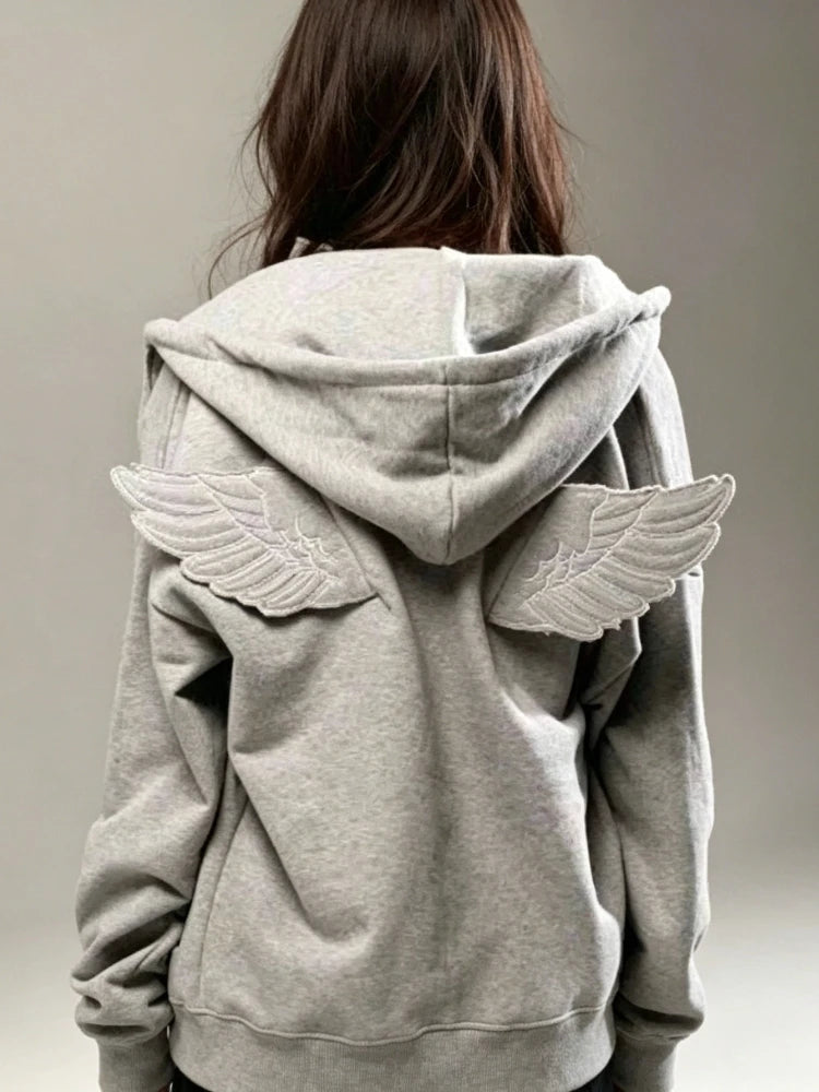 Women Fashion Grey Angel Wing Embroidered Hoodie Zipper Kawaii Pullover Sweatshirt Wing Y2K Streetwear Goth 2000s Alt Clothes
