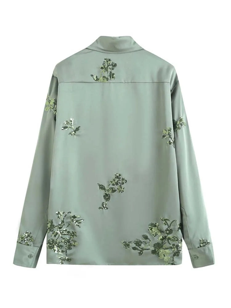 Luxury Women's Sequined satin shirt Long sleeve blouse And Elastic waist long pants 2025 Spring summer Suit Green INEKO 4T005