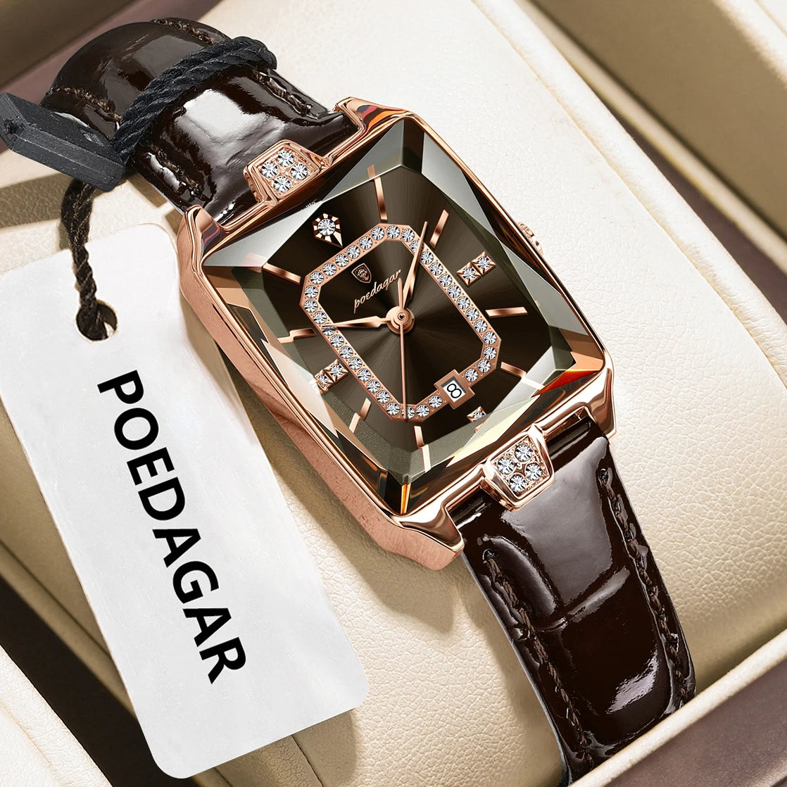 POEDAGAR Top High Quality Women Wristwatch Waterproof Date Leather Watch For Woman Quartz Luxury Rectangle Women's Watches Reloj
