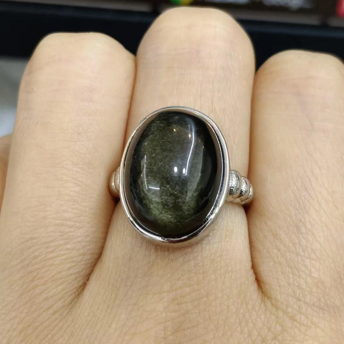 100% natural gemstone silver obsidian gold obsidian ring for men adjustable copper-plated silver rings jewelry gift