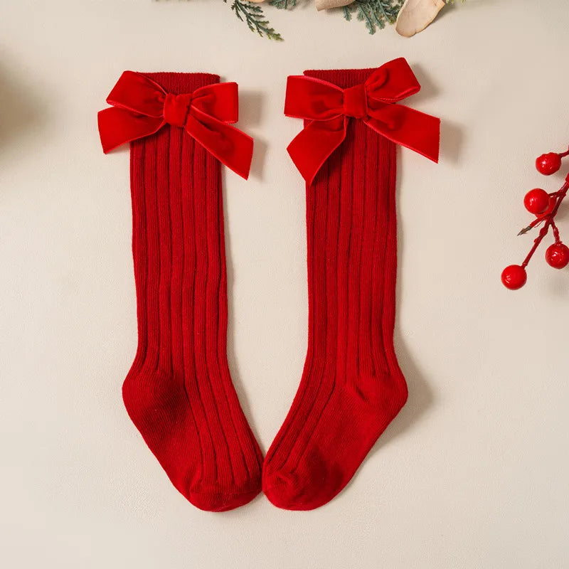 Kids Christmas Girls Socks Autumn Winter Toddlers Red Bowknot Baby Knee High Long Sock Soft Cotton Children Socken For 0-5 Years