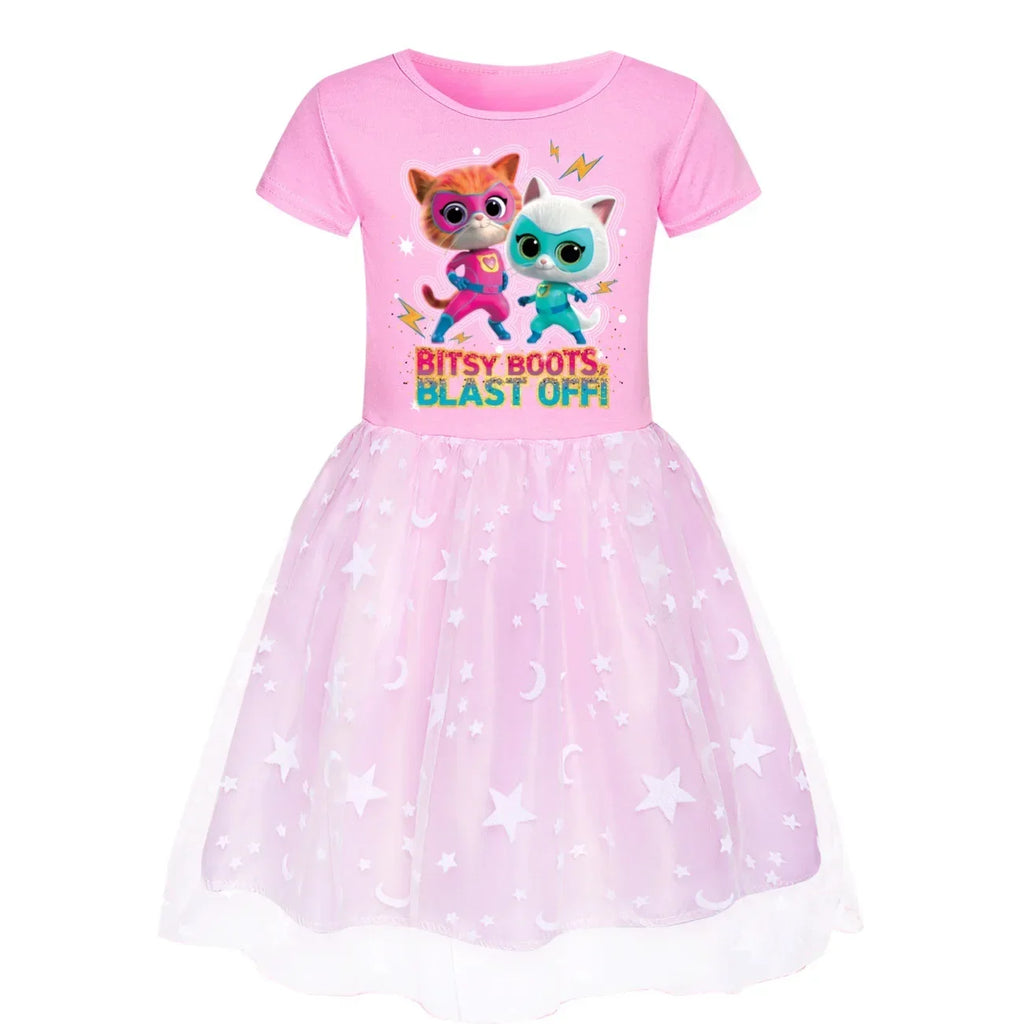Anime Superkitties Dress Kids 2025 Summer Casual Dresses Baby Girls Super Cats Clothes Children Wedding Party Princess Vestidos